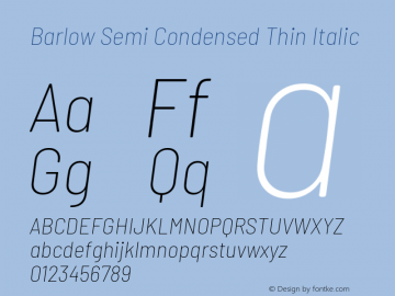 Barlow Semi Condensed Thin Italic Version 1.208 Font Sample