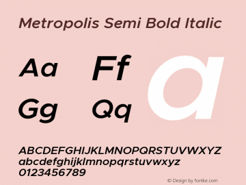 Metropolis Semi Bold Italic Version 1.000;PS 001.000;hotconv 1.0.88;makeotf.lib2.5.64775 Font Sample