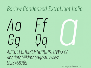 Barlow Condensed ExtraLight Italic Version 1.101;PS 001.101;hotconv 1.0.88;makeotf.lib2.5.64775图片样张