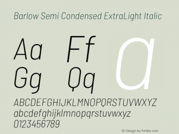 Barlow Semi Condensed ExtraLight Italic Version 1.101;PS 001.101;hotconv 1.0.88;makeotf.lib2.5.64775 Font Sample