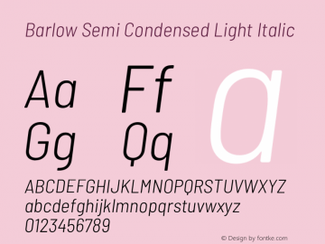 Barlow Semi Condensed Light Italic Version 1.101;PS 001.101;hotconv 1.0.88;makeotf.lib2.5.64775 Font Sample