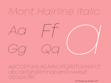 Mont Hairline Italic Version 1.003;PS 001.003;hotconv 1.0.88;makeotf.lib2.5.64775 Font Sample