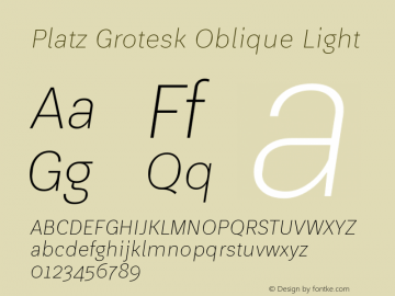 Platz Grotesk Oblique Light Version 1.000;PS 001.000;hotconv 1.0.88;makeotf.lib2.5.64775 Font Sample