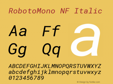 Roboto Mono Italic Nerd Font Plus Font Awesome Plus Octicons Plus Pomicons Mono Windows Compatible Version 2.000986; 2015; ttfautohint (v1.3)图片样张