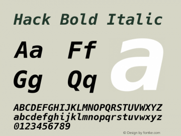 Hack Bold Italic Version 3.000; ttfautohint (v1.6) -l 6 -r 50 -G 200 -x 10 -H 265 -D latn -f latn -m 