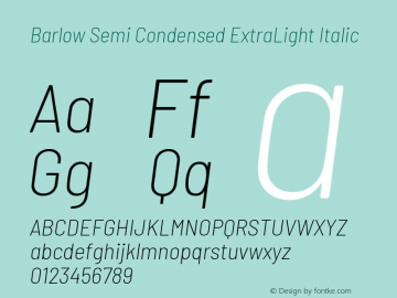 Barlow Semi Condensed ExtraLight Italic Version 1.301 Font Sample