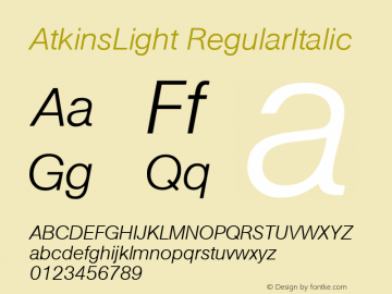 AtkinsLight RegularItalic 1.0 Fri Oct 27 10:59:30 1995图片样张