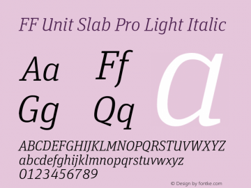 FFUnitSlabPro-LightItalic Version 7.504; 2010; Build 1022; Font Sample