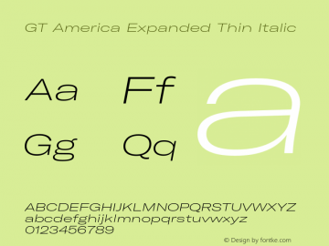 GTAmerica-ExpandedThinItalic Version 1.003;PS 001.003;hotconv 1.0.88;makeotf.lib2.5.64775 Font Sample