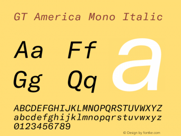 GTAmericaMono-RegularItalic Version 1.003;PS 001.003;hotconv 1.0.88;makeotf.lib2.5.64775图片样张
