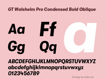 GTWalsheimPro-CondensedBoldOblique Version 2.001;PS 002.001;hotconv 1.0.88;makeotf.lib2.5.64775 Font Sample