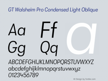 GTWalsheimPro-CondensedLightOblique Version 2.001;PS 002.001;hotconv 1.0.88;makeotf.lib2.5.64775 Font Sample