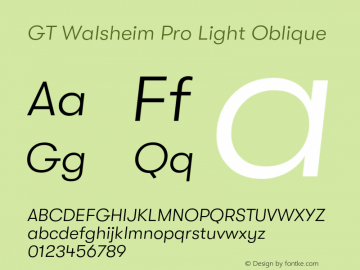 GTWalsheimPro-LightOblique Version 2.001;PS 002.001;hotconv 1.0.88;makeotf.lib2.5.64775 Font Sample