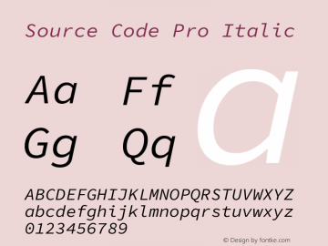 Source Code Pro Italic Version 1.030;PS 1.0;hotconv 1.0.84;makeotf.lib2.5.63406 Font Sample