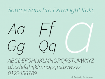 Source Sans Pro ExtraLight Italic Version 1.075;PS 2.000;hotconv 1.0.86;makeotf.lib2.5.63406 Font Sample