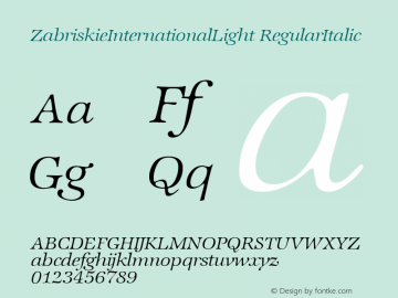 ZabriskieInternationalLight RegularItalic 1.0 Mon Nov 06 10:17:19 1995图片样张