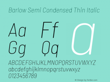 Barlow Semi Condensed Thin Italic Version 1.403 Font Sample