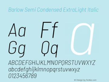 Barlow Semi Condensed ExtraLight Italic Version 1.403 Font Sample