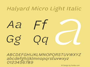 Halyard Micro Light Italic Version 1.001 Font Sample