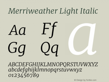 Merriweather Light Italic Version 2.002;PS 002.002;hotconv 1.0.88;makeotf.lib2.5.64775 Font Sample
