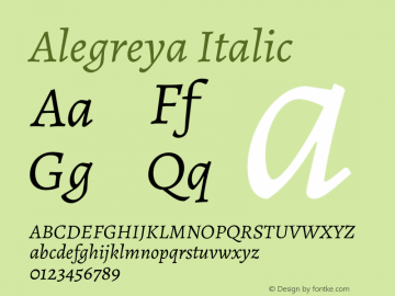 Alegreya Italic Version 2.008;PS 002.008;hotconv 1.0.88;makeotf.lib2.5.64775 Font Sample