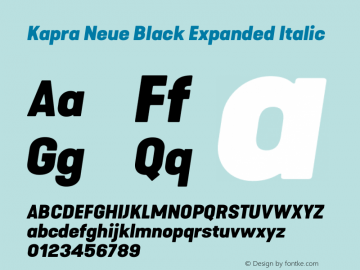 Kapra Neue Black Expanded Italic Version 1.000;PS 001.000;hotconv 1.0.88;makeotf.lib2.5.64775 Font Sample