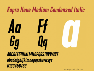 Kapra Neue Medium Condensed Italic Version 1.000;PS 001.000;hotconv 1.0.88;makeotf.lib2.5.64775 Font Sample