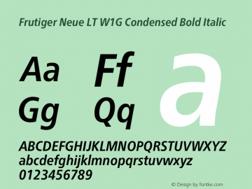 Frutiger Neue LT W1G Cn Book Bold Italic Version 1.00 Font Sample