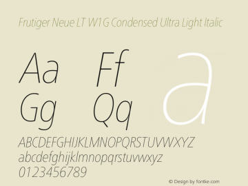 Frutiger Neue LT W1G Cn UltLt Italic Version 1.00 Font Sample