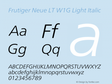 Frutiger Neue LT W1G Light Italic Version 1.00 Font Sample