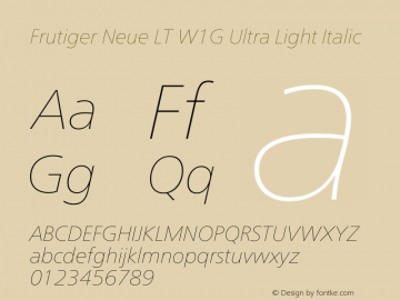 Frutiger Neue LT W1G UltLt Italic Version 1.00 Font Sample