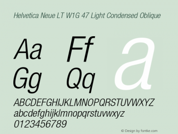 HelveticaNeueLT W1G 47 LtCn Italic Version 1.00 Build 1000 Font Sample