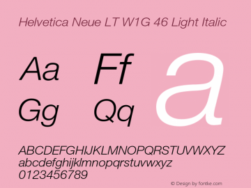 Helvetica Neue LT W1G 46 Light Italic Version 4.00 Build 1000 Font Sample