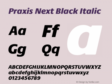 Praxis Next Black Italic Version 1.00, build 7, g2.4.3 b983, s3 Font Sample