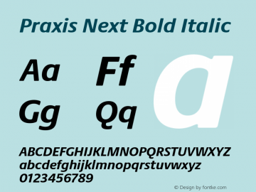 Praxis Next Bold Italic Version 1.00, build 7, g2.4.3 b983, s3 Font Sample