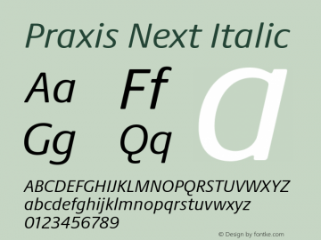 Praxis Next Italic Version 1.00, build 7, g2.4.3 b983, s3 Font Sample