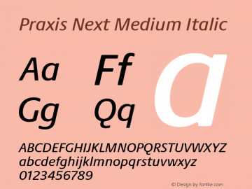 Praxis Next Medium Italic Version 1.00, build 7, g2.4.3 b983, s3 Font Sample