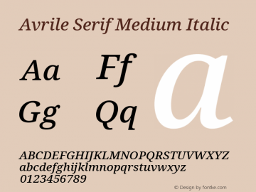 Avrile Serif Medium Italic Version 2.001; ttfautohint (v1.8.2)图片样张