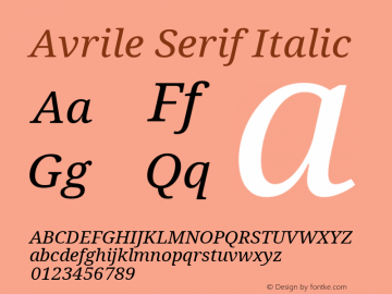 Avrile Serif Italic Version 2.001; ttfautohint (v1.8.2)图片样张