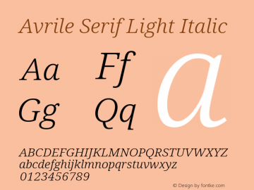 Avrile Serif Light Italic Version 2.001; ttfautohint (v1.8.2) Font Sample