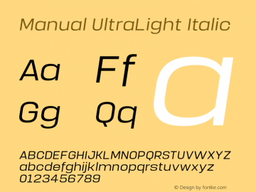 Manual-UltraLightItalic Version 1.000;PS 001.000;hotconv 1.0.88;makeotf.lib2.5.64775 Font Sample
