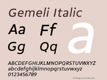 Gemeli Italic Version 1.001;PS 1.1;hotconv 1.0.72;makeotf.lib2.5.5900; ttfautohint (v0.92) -l 8 -r 50 -G 200 -x 14 -w 