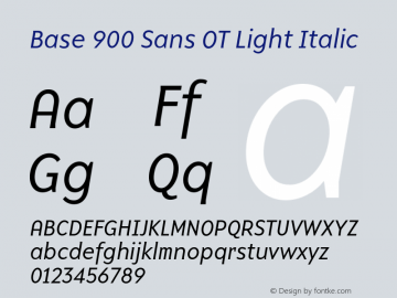 Base900SansLightItalic Version 1.002;PS 001.002;hotconv 1.0.57;makeotf.lib2.0.21895 Font Sample