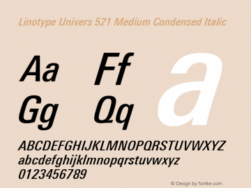 Linotype Univers 521 Medium Condensed Italic Version 1.31 Font Sample