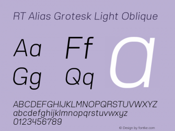 RT Alias Grotesk Light Oblique Version 1.000;PS 001.000;hotconv 1.0.88;makeotf.lib2.5.64775图片样张