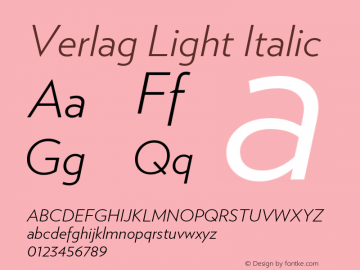 Verlag-LightItalic Version 001.001 Font Sample