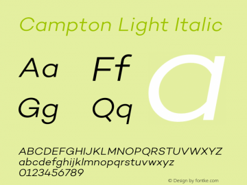 Campton Light Italic Version 1.000;PS 001.000;hotconv 1.0.70;makeotf.lib2.5.58329 Font Sample