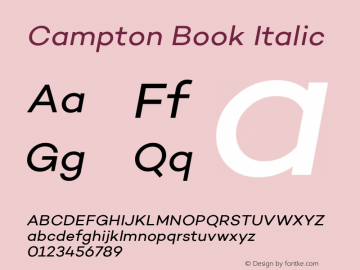 Campton Book Italic Version 1.000;PS 001.000;hotconv 1.0.70;makeotf.lib2.5.58329 Font Sample