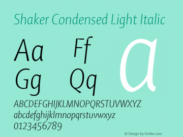 Shaker-CondensedLightItalic Version 1.002 Font Sample