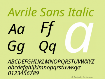 Avrile Sans Italic Version 2.001; ttfautohint (v1.8.2) Font Sample